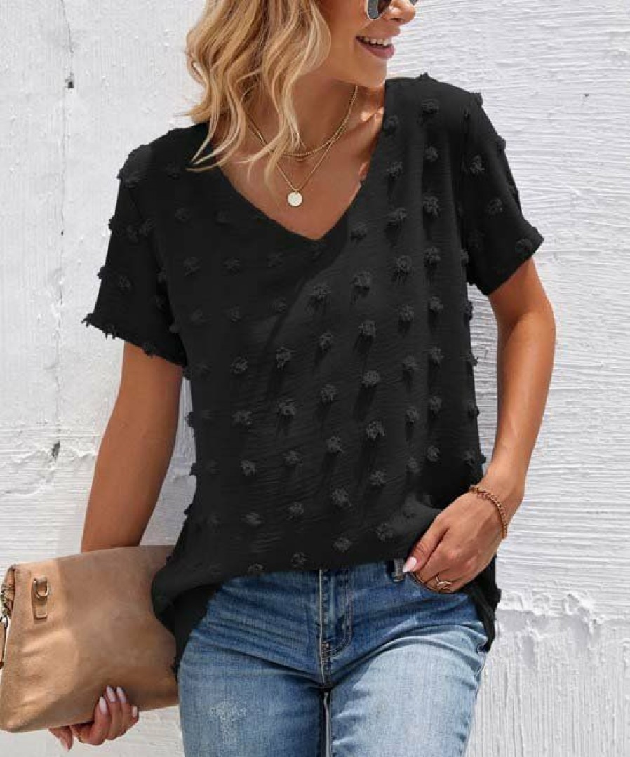 * Clothing | Cheap Camisa Black Swiss Dot V-Neck Top Women