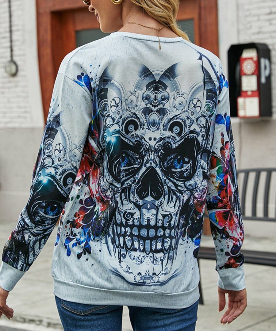 * Clothing | Flash Sale Camisa White Skull Butterfly Long-Sleeve Top Women