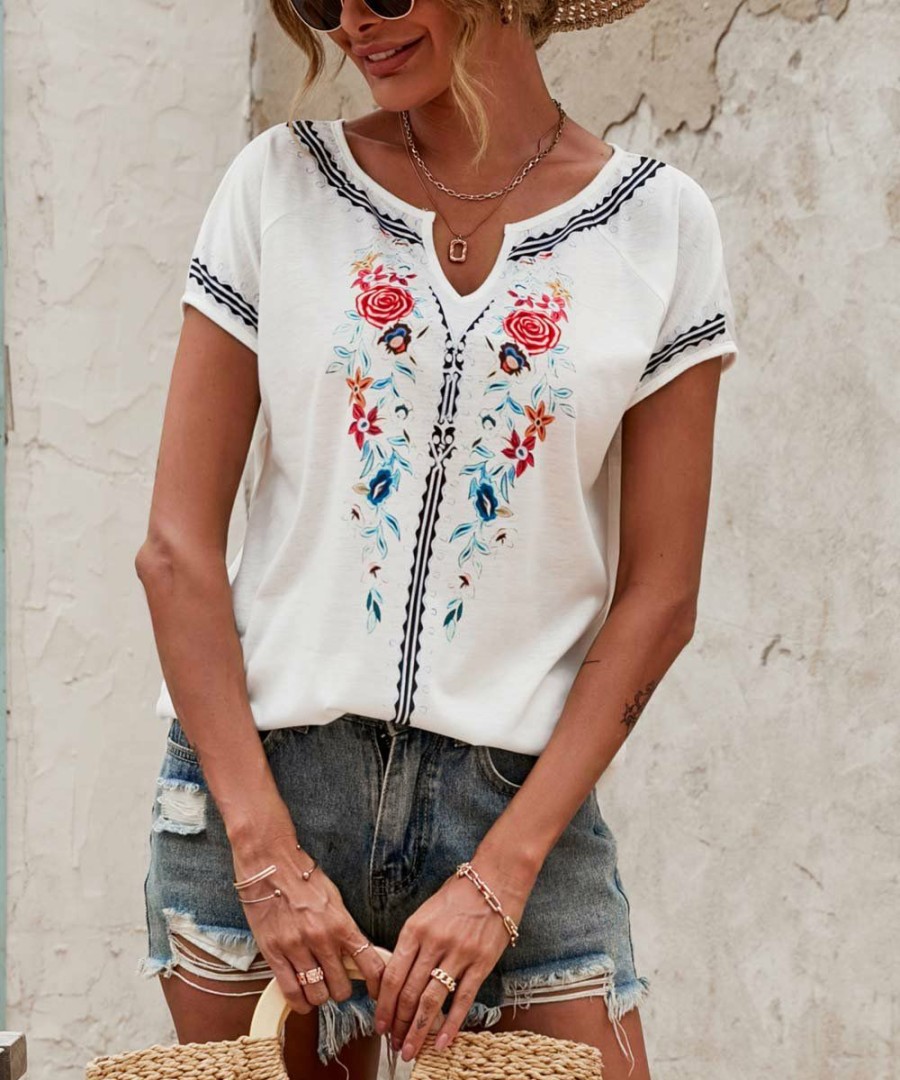 * Clothing | Best Sale Camisa White & Navy Floral Notch Neck Top Women