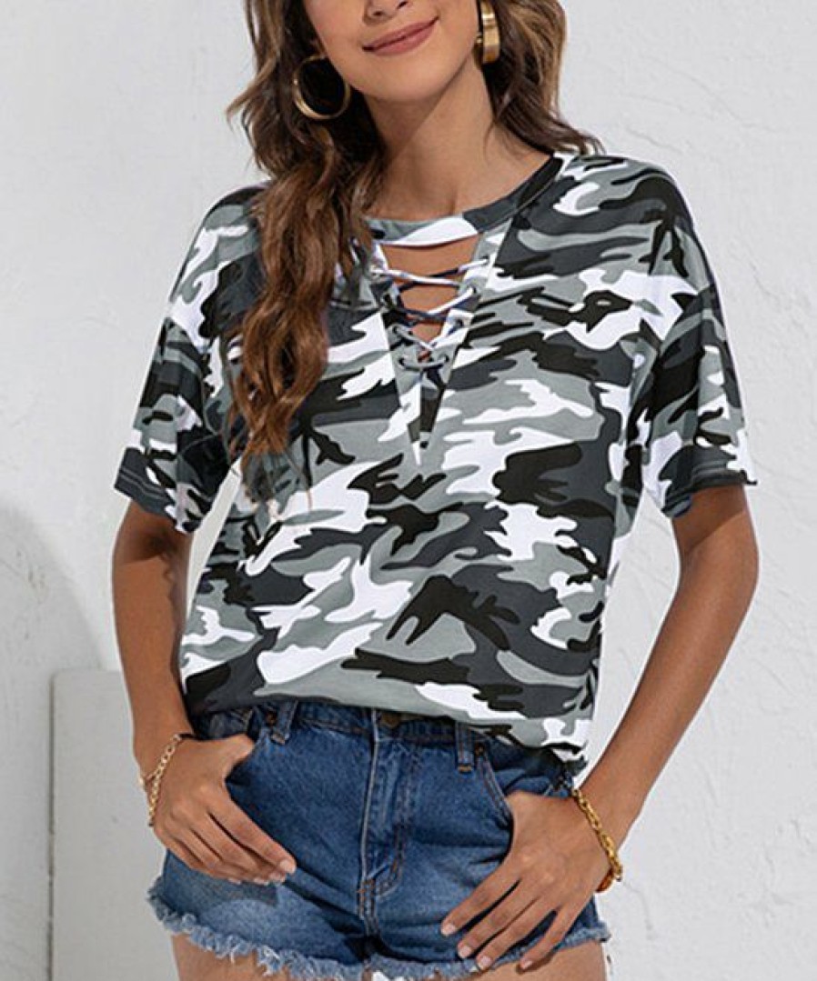 * Clothing | Top 10 Camisa Gray Camouflage Lace-Up Choker-Cutout Top Women