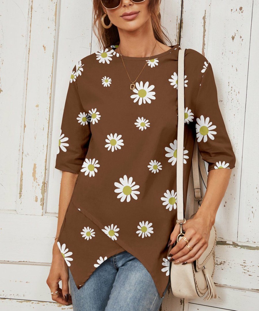 * Other | Deals Camisa Coffee Floral Half-Sleeve Tulip-Hem Top Women