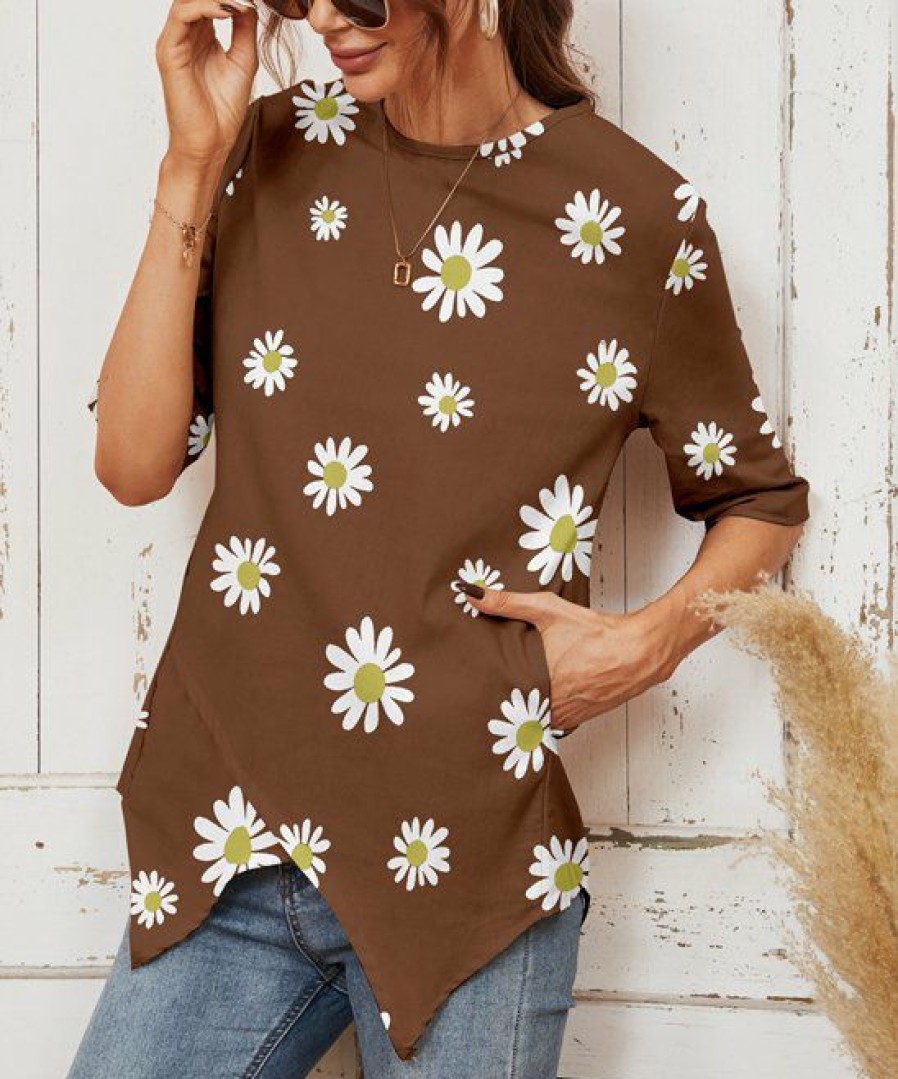 * Other | Deals Camisa Coffee Floral Half-Sleeve Tulip-Hem Top Women