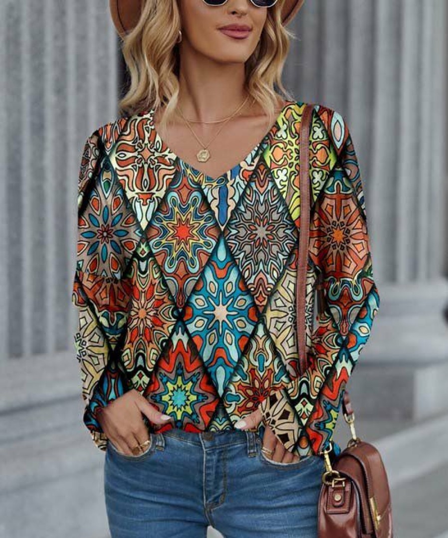 * Clothing | Flash Sale Camisa Khaki & Blue Geometric Diamond V-Neck Top Women