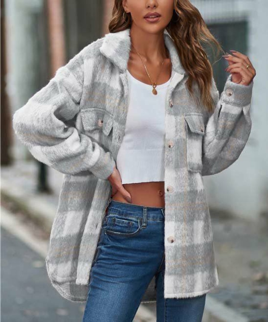 * Clothing | Cheapest Camisa Gray & White Plaid Button-Up Shacket Women