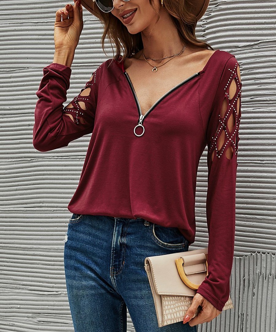 * Clothing | Coupon Camisa Wine Crisscross-Sleeve Zip-Front V-Neck Tunic Women