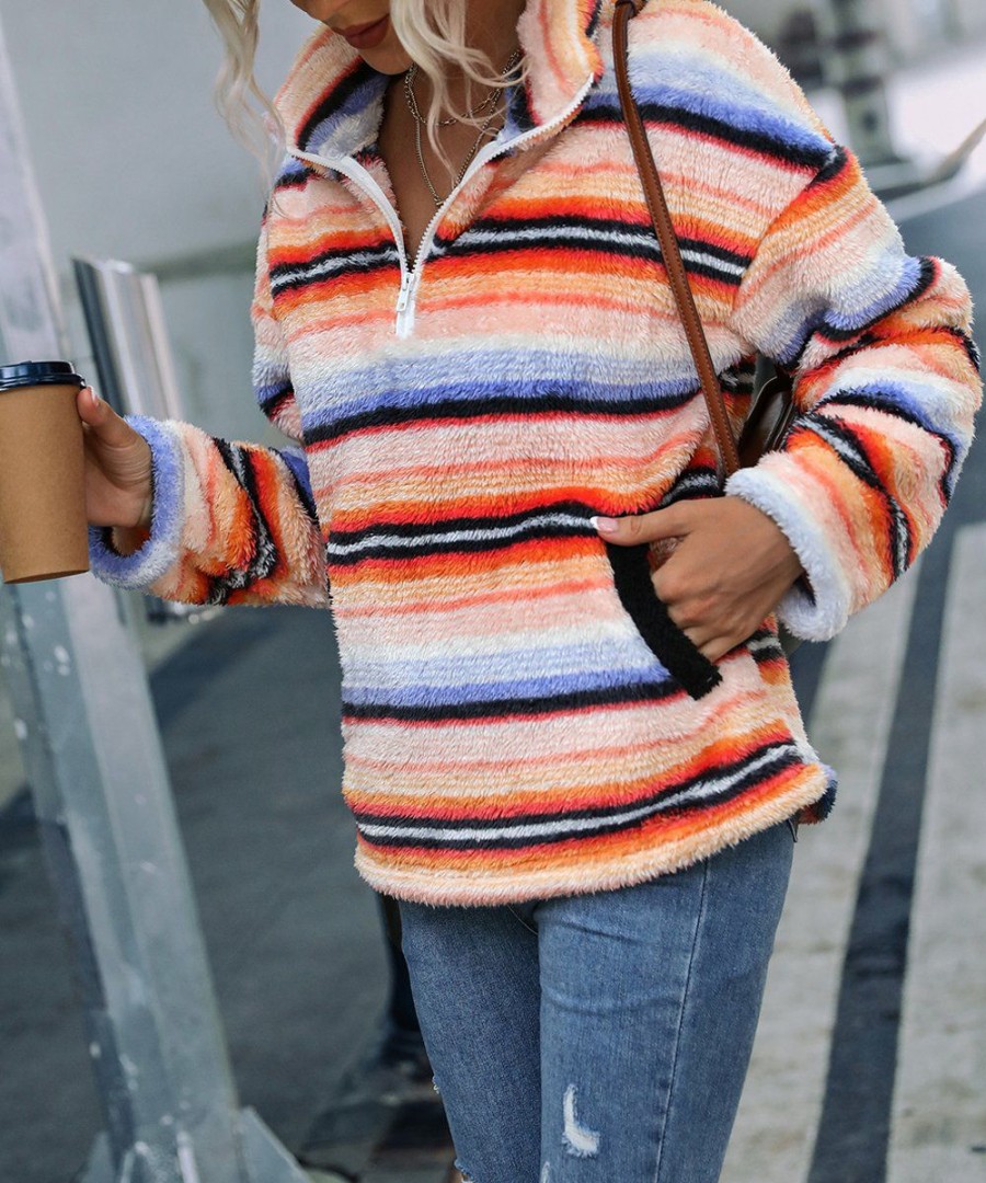 * Clothing | Cheapest Camisa Orange & Blue Stripe Pocket Quarter-Zip Pullover Women