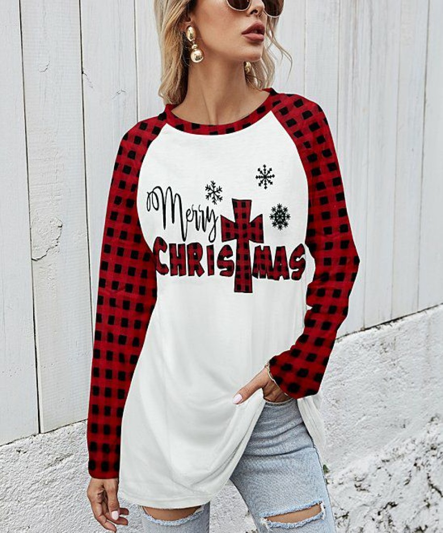 * Clothing | Best Deal Camisa White & Red Plaid 'Christmas' Long-Sleeve Tunic Women