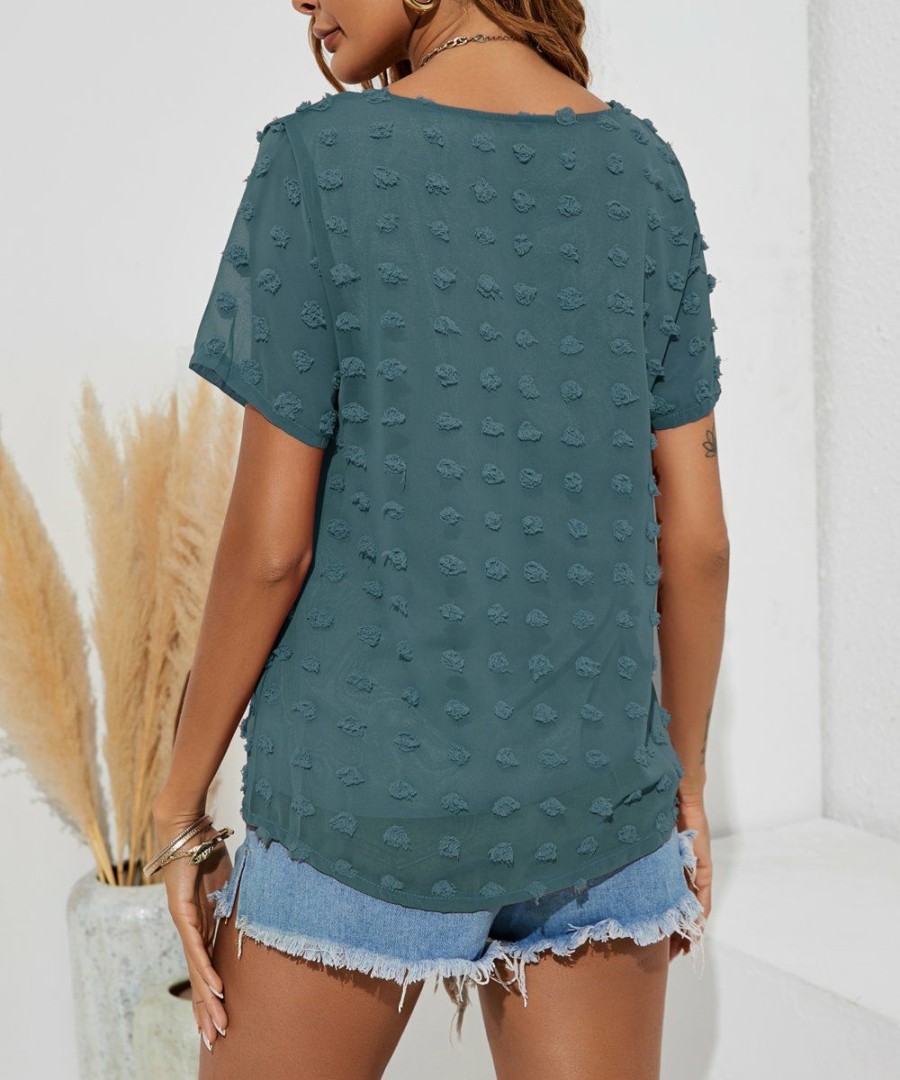 * Clothing | Deals Camisa Teal Polka Dot Textured Boatneck Top Women