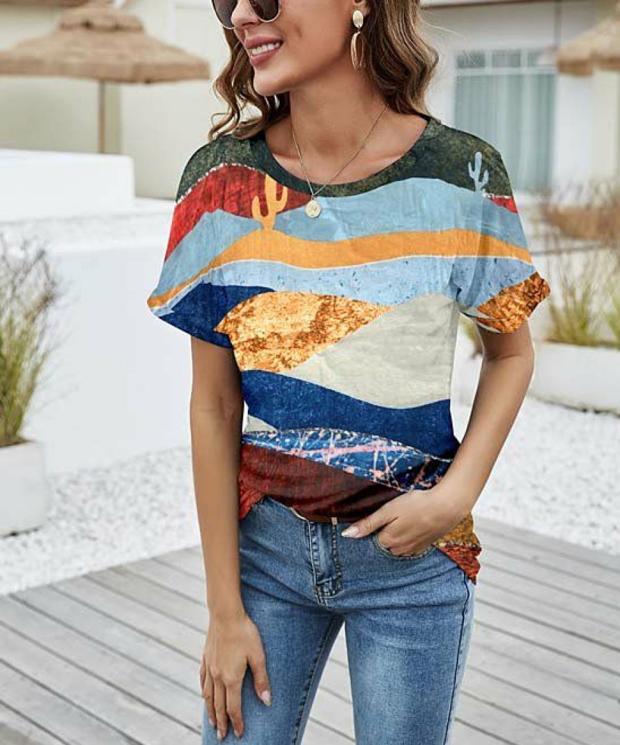 * Clothing | Best Sale Camisa Mustard & Blue Cactus Landscape Crewneck Top Women