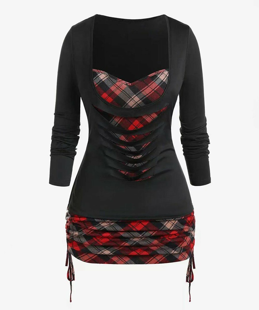 * Clothing | Best Reviews Of Camisa Black & Red Plaid Side-Ruching Long-Sleeve Top Women