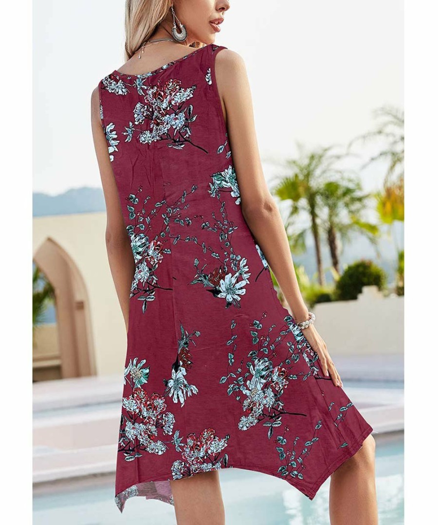 * Clothing | Best Sale Camisa Wine Floral Sleeveless Handkerchief Dress Women