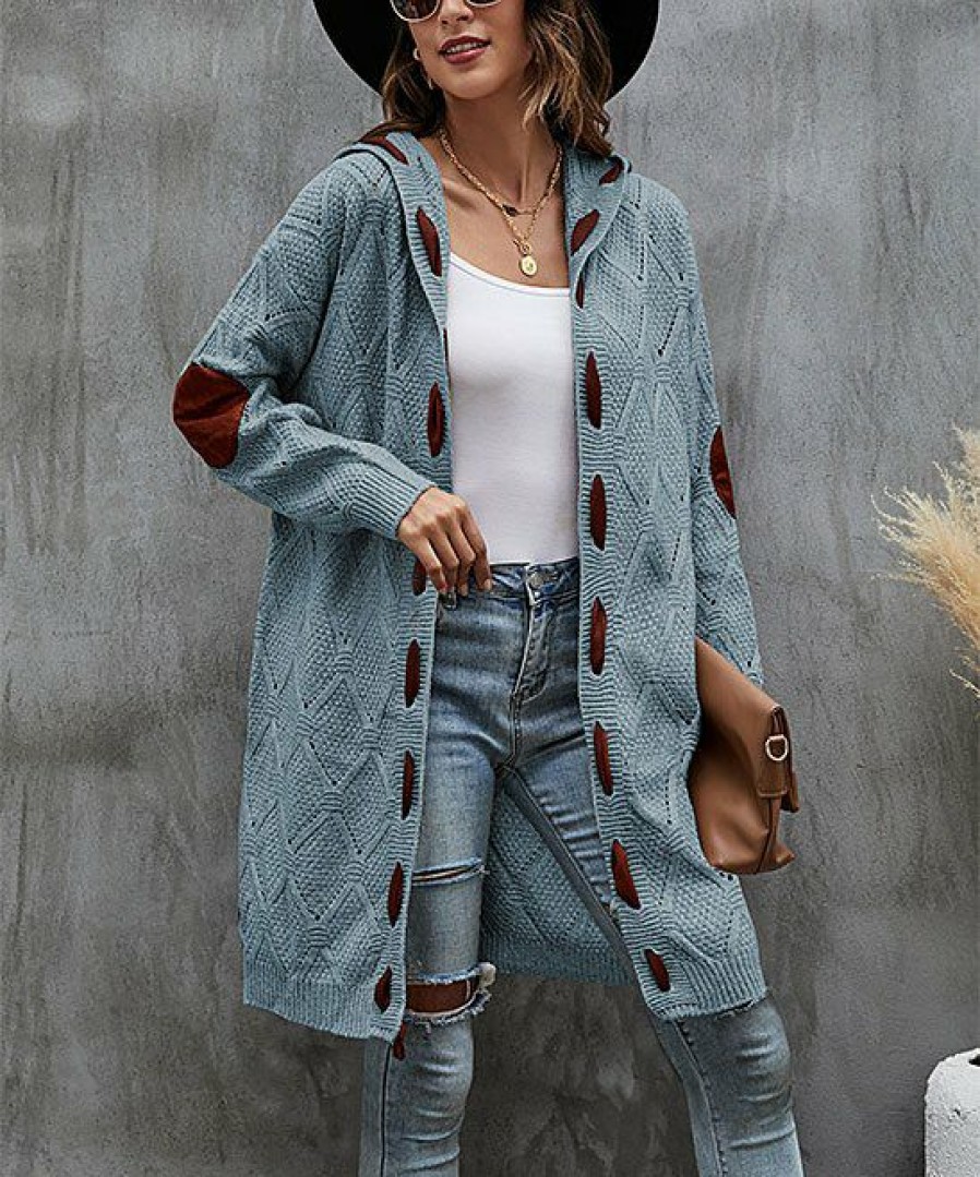 * Clothing | New Camisa Blue & Brown Stitched Hooded Longline Open Cardigan Women