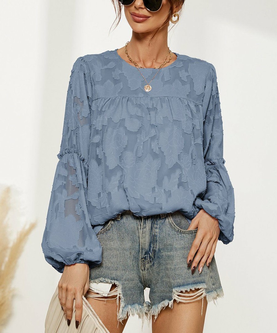 * Clothing | Best Reviews Of Camisa Dark Blue Floral-Overlay Puff-Sleeve Top Women