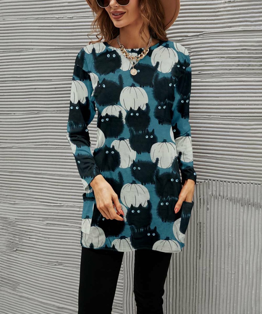 * Clothing | Hot Sale Camisa Blue Cat & Pumpkin Long-Sleeve Pocket Tunic Women