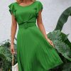 * Clothing | Promo Camisa Green Ruffle-Sleeve Belt-Waist Pleated Dress Women