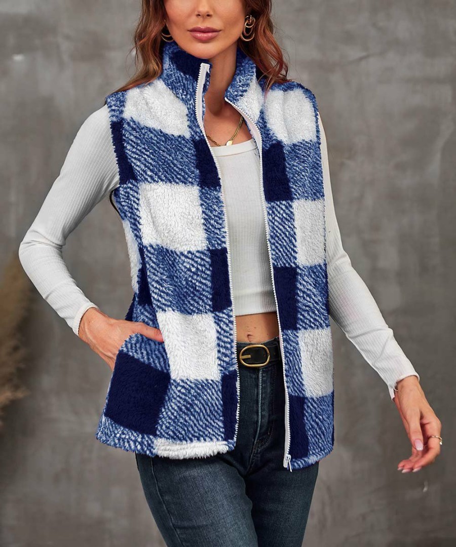 * Clothing | Promo Camisa Blue & White Plaid Full-Zip Mock Neck Vest Women