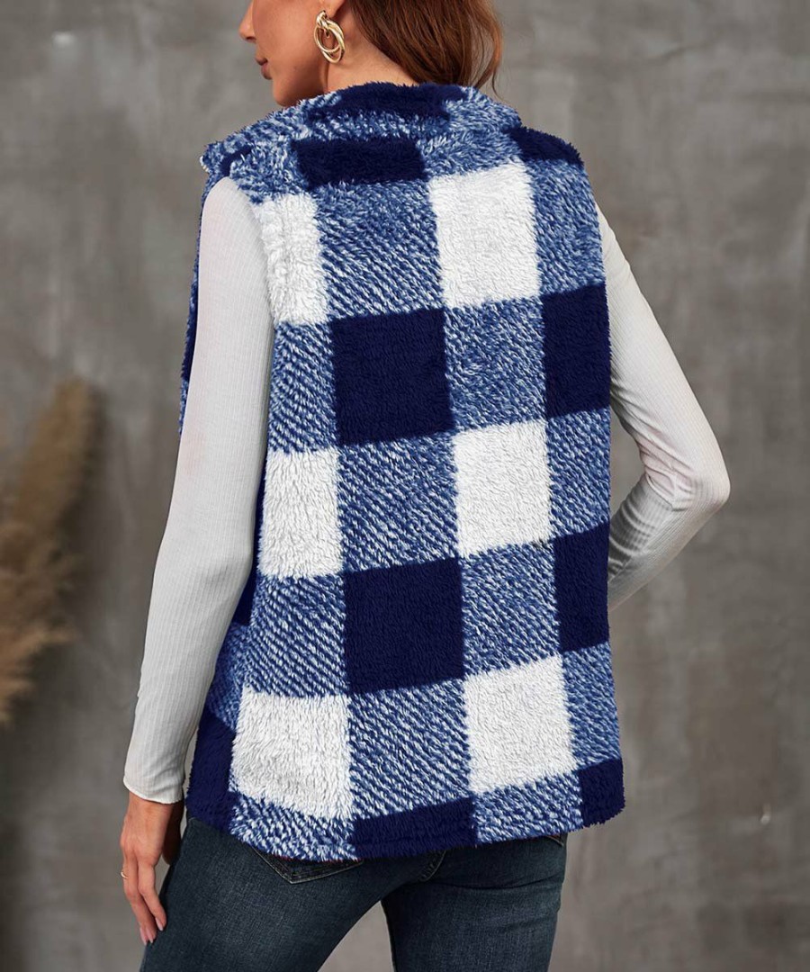 * Clothing | Promo Camisa Blue & White Plaid Full-Zip Mock Neck Vest Women