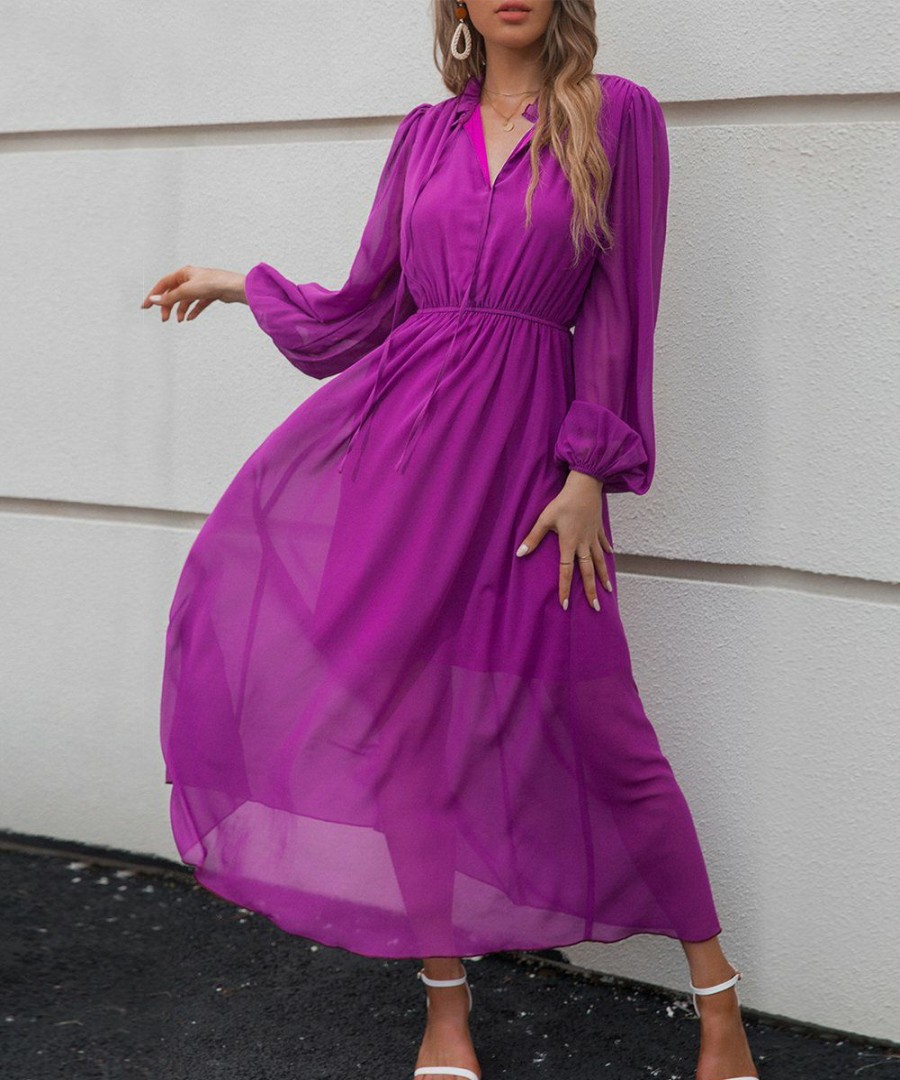 * Clothing | Best Deal Camisa Purple Tie-Neck Bishop-Sleeve Maxi Dress Women