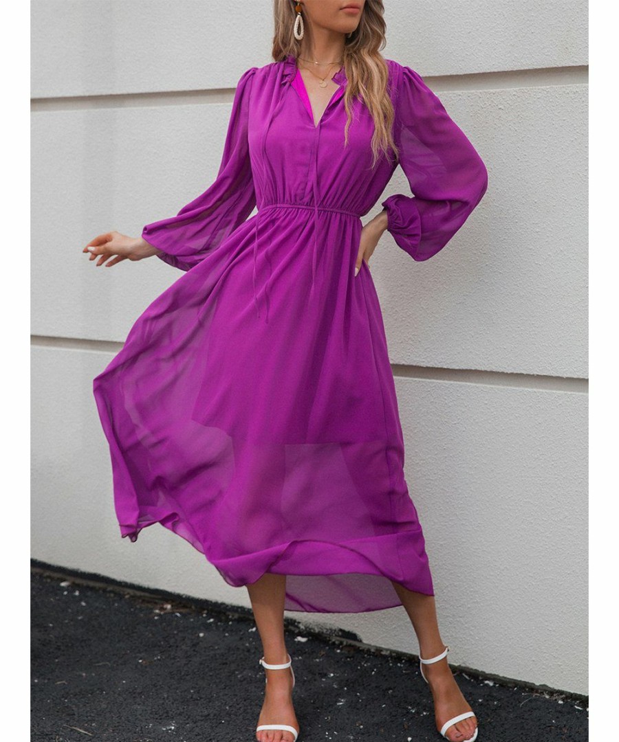 * Clothing | Best Deal Camisa Purple Tie-Neck Bishop-Sleeve Maxi Dress Women