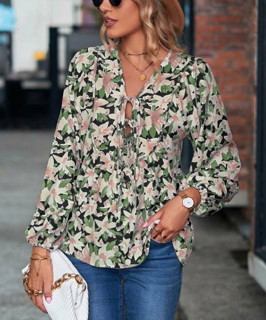 * Other | Best Reviews Of Camisa Black Floral Tie-Neck Bishop-Sleeve Top Women