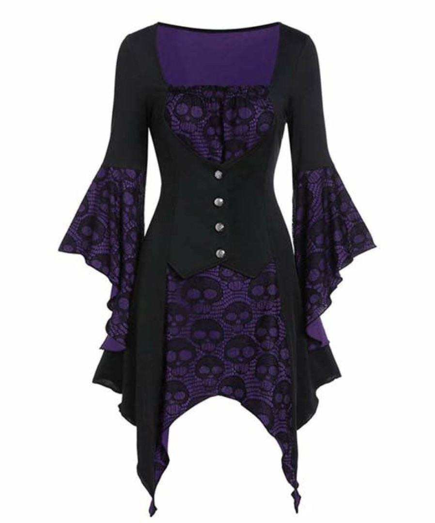 * Clothing | Brand New Camisa Purple & Black Skull Layered Bell-Sleeve Handkerchief Top Women