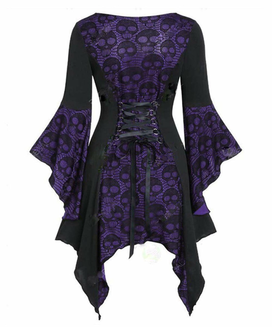 * Clothing | Brand New Camisa Purple & Black Skull Layered Bell-Sleeve Handkerchief Top Women