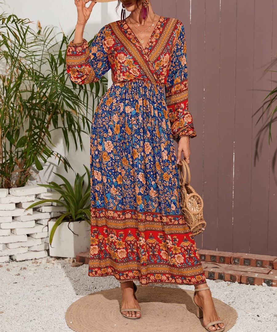 * Clothing | Deals Camisa Navy & Red Patchwork Wrap Maxi Dress Women