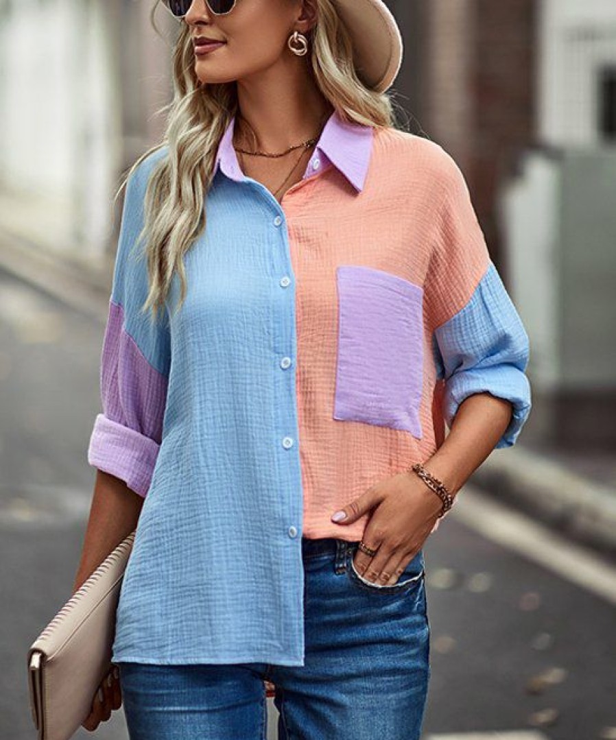 * Clothing | Deals Camisa Blue & Orange Color Block Long-Sleeve Button-Up Women