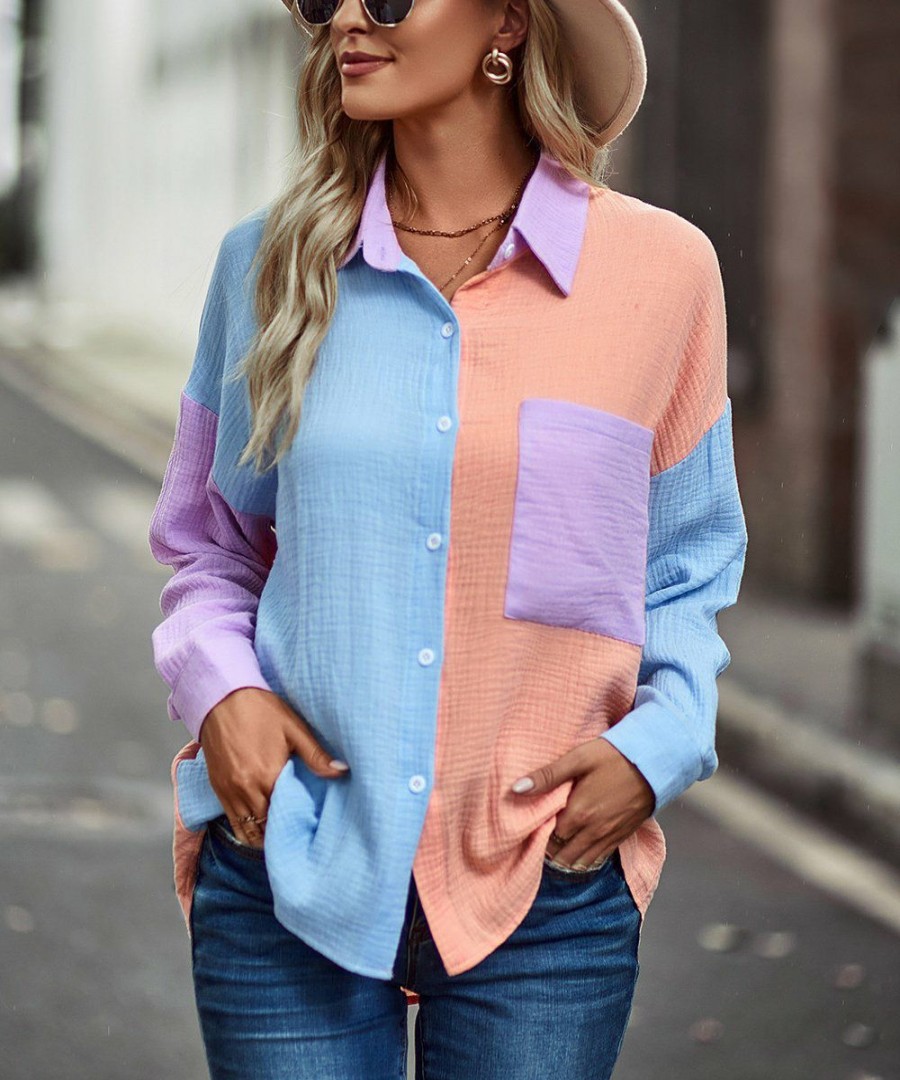 * Clothing | Deals Camisa Blue & Orange Color Block Long-Sleeve Button-Up Women