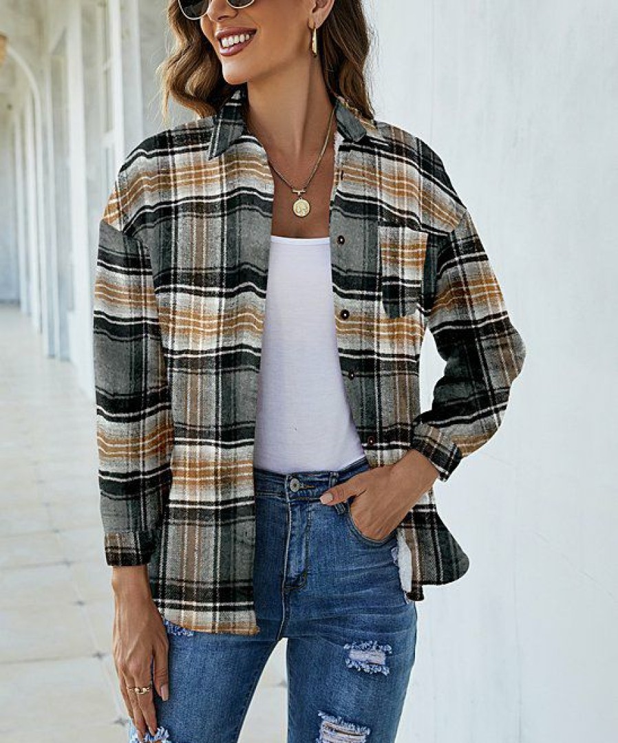 * Clothing | Coupon Camisa Gray Plaid Fleece-Lined Shacket Women