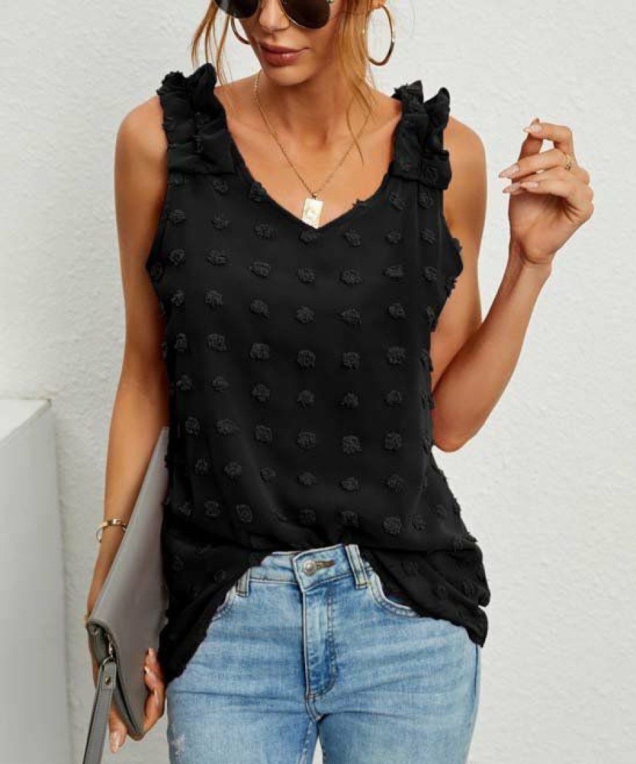 * Clothing | Top 10 Camisa Black Jacquard Dot Ruffle-Accent Sleeveless Top Women