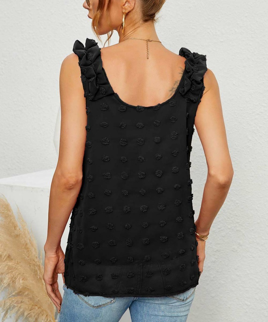 * Clothing | Top 10 Camisa Black Jacquard Dot Ruffle-Accent Sleeveless Top Women