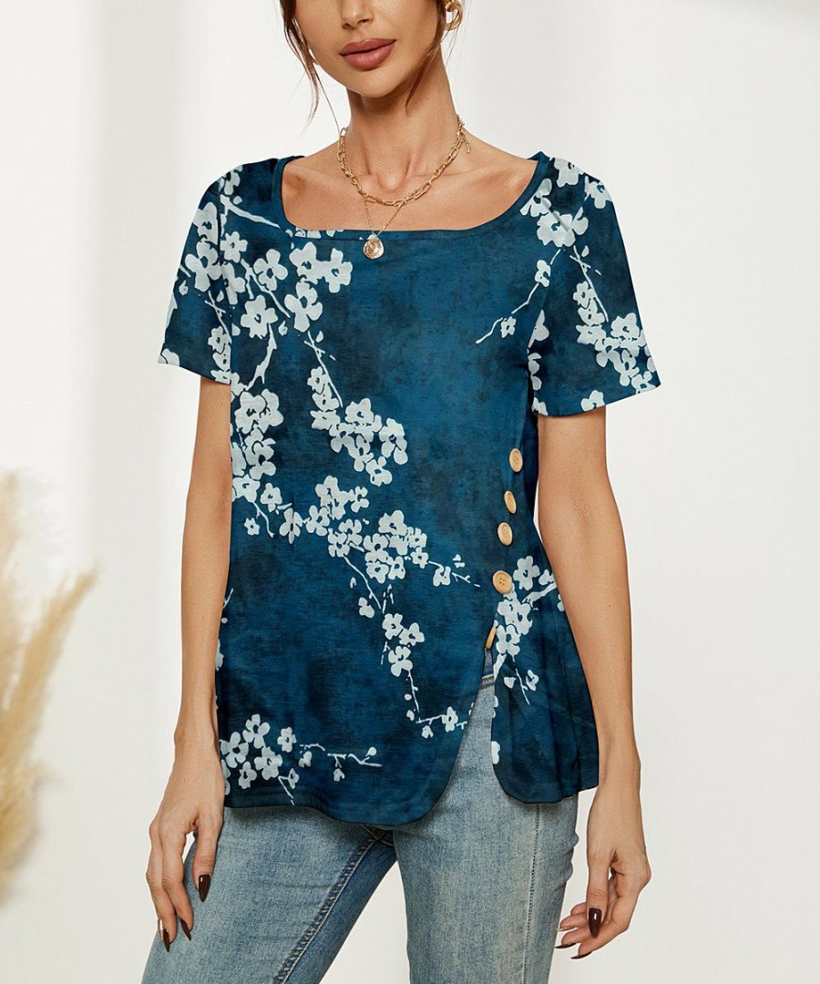 * Clothing | Promo Camisa Navy Floral Button-Accent Slit-Side Boatneck Top Women