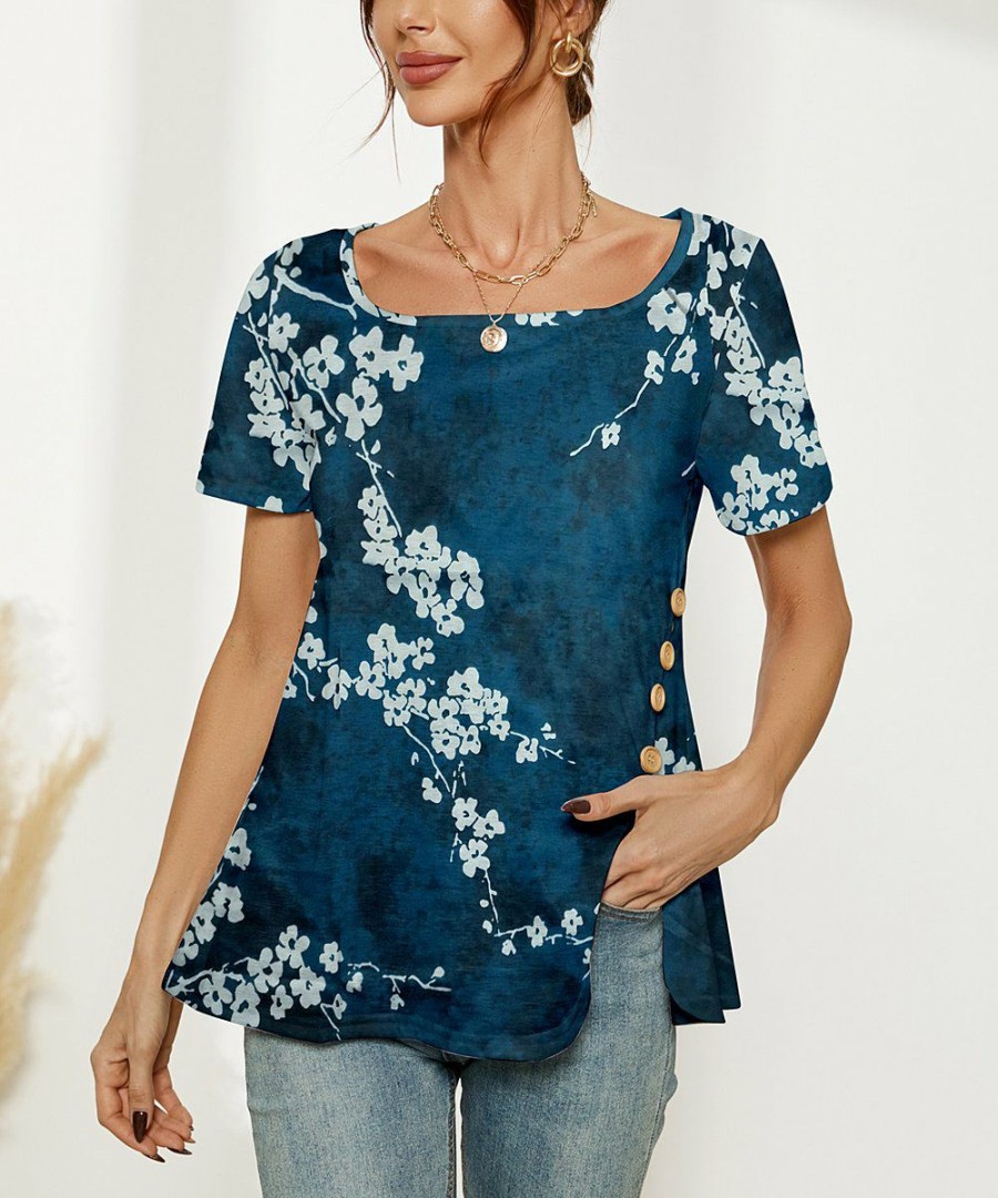 * Clothing | Promo Camisa Navy Floral Button-Accent Slit-Side Boatneck Top Women