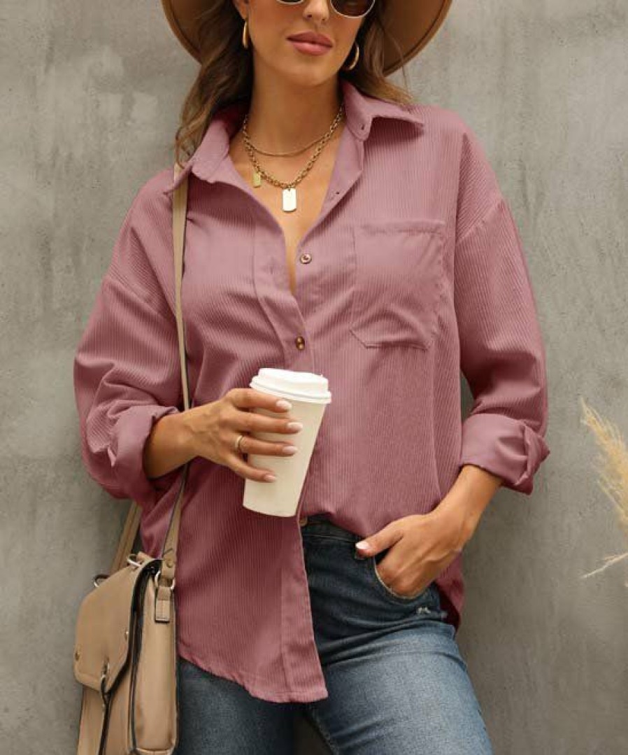 * Clothing | Hot Sale Camisa Pink Pocket Corduroy Button-Up Women