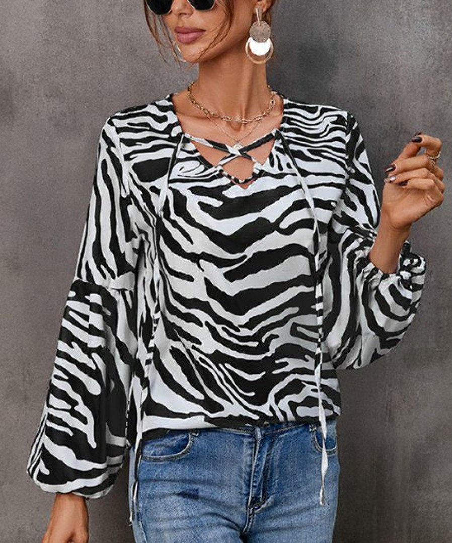 * Other | Best Reviews Of Camisa Black & White Zebra Crisscross Bishop-Sleeve V-Neck Top Women