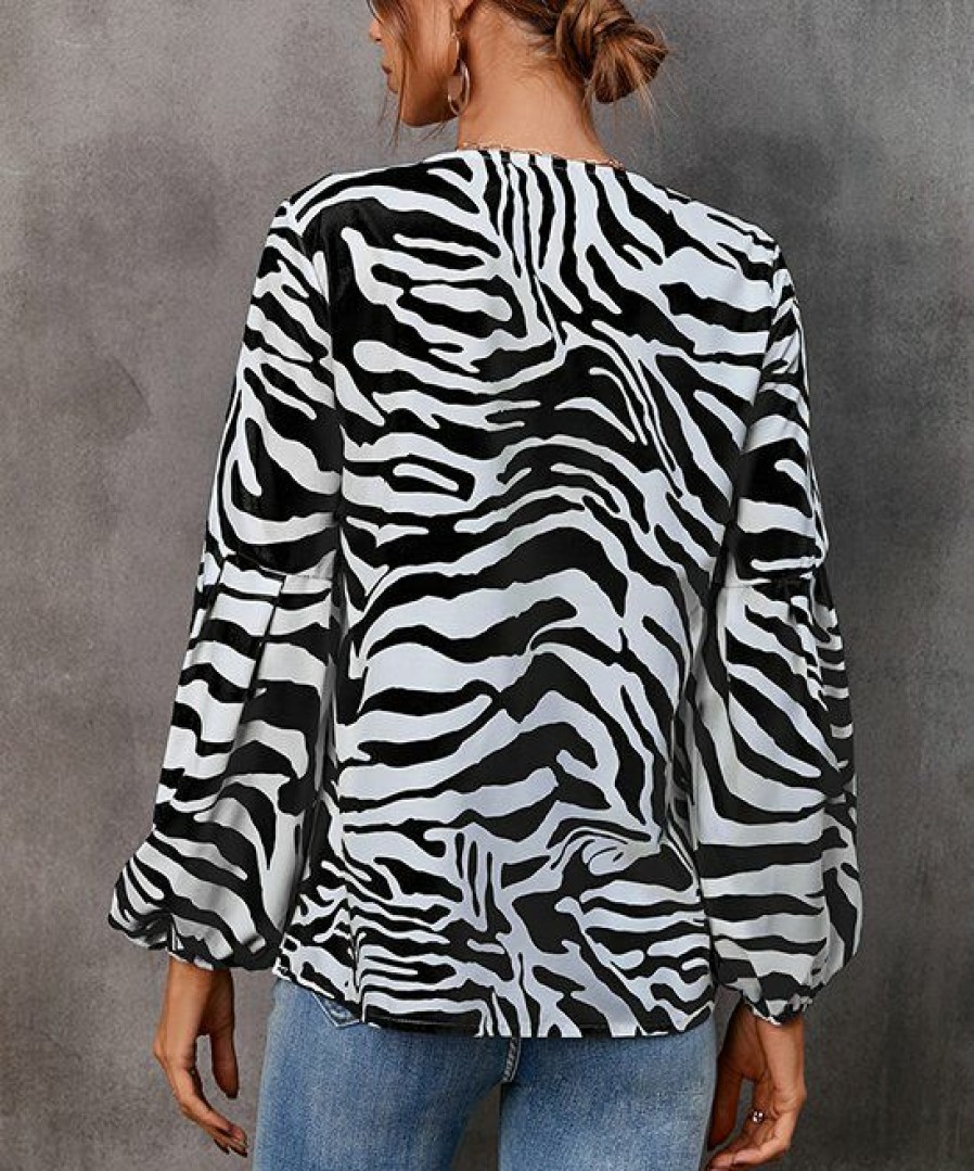 * Other | Best Reviews Of Camisa Black & White Zebra Crisscross Bishop-Sleeve V-Neck Top Women