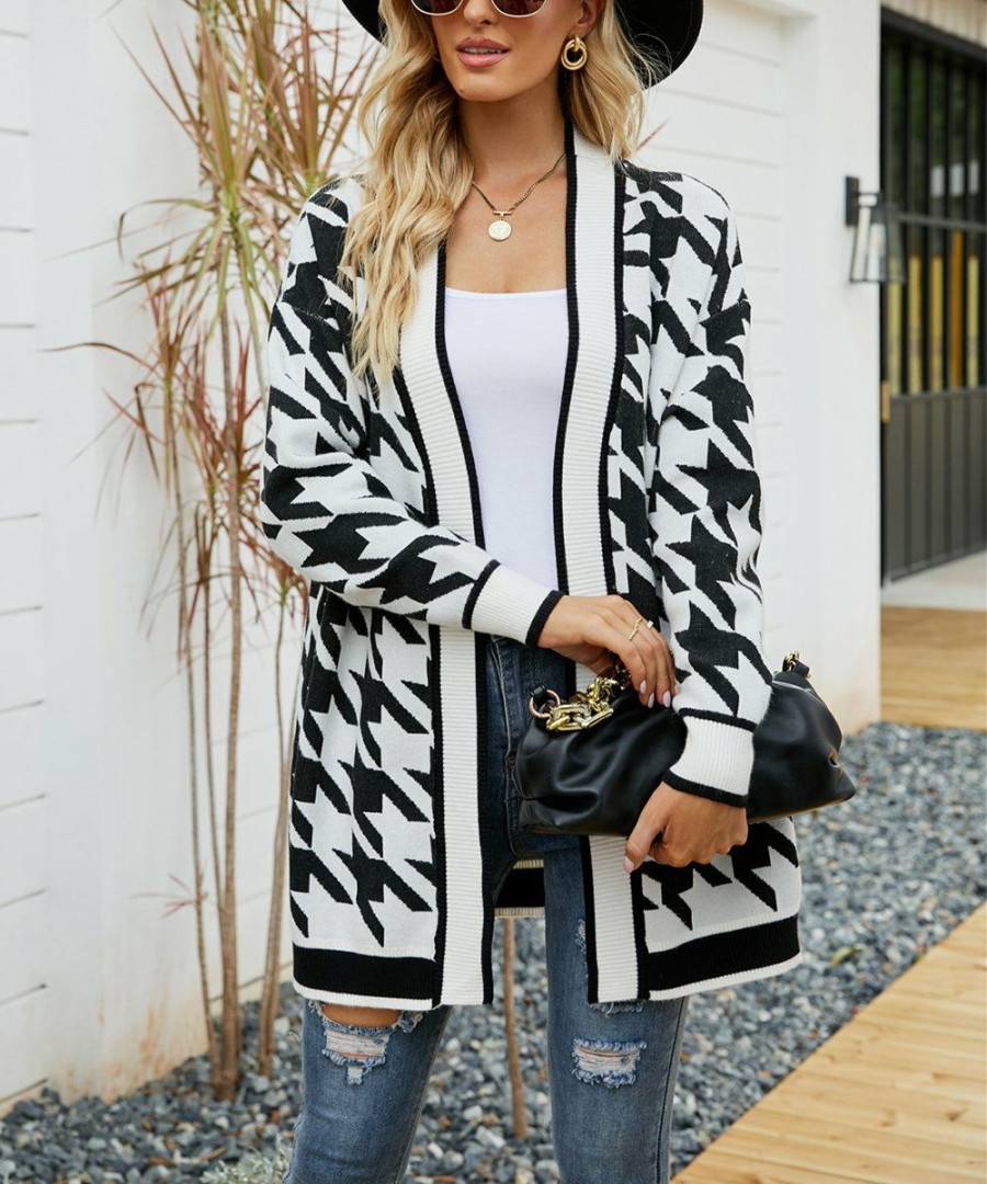 * Clothing | Deals Camisa Black & White Houndstooth Open Cardigan Women