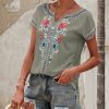 * Clothing | Best Pirce Camisa Army Green & Blue Floral Short-Sleeve Notch Neck Top Women