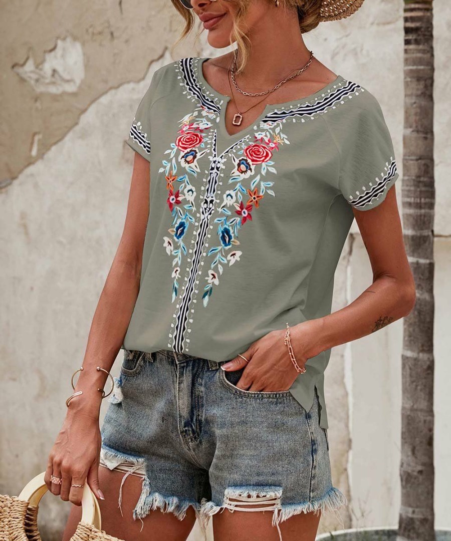 * Clothing | Best Pirce Camisa Army Green & Blue Floral Short-Sleeve Notch Neck Top Women