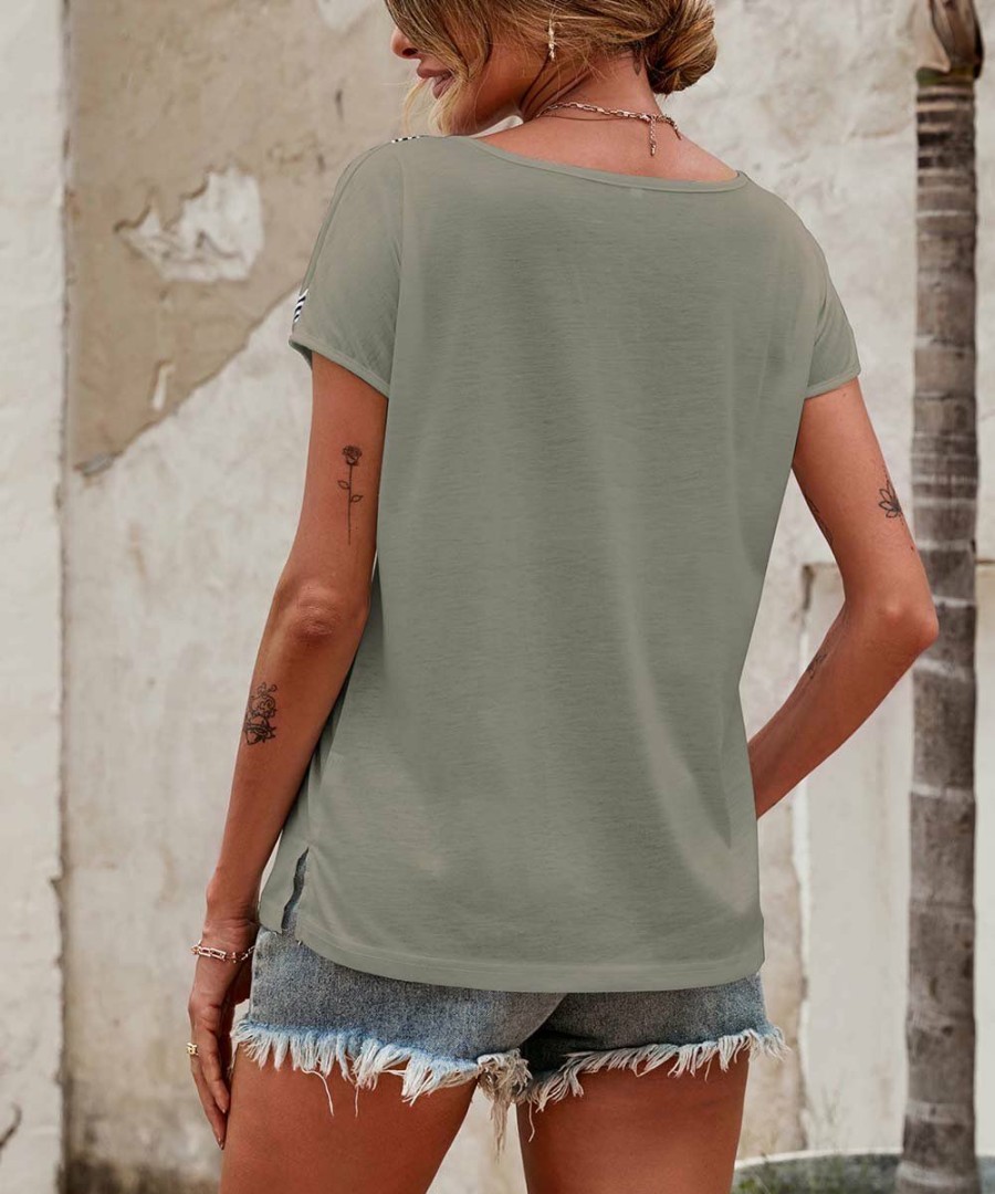 * Clothing | Best Pirce Camisa Army Green & Blue Floral Short-Sleeve Notch Neck Top Women