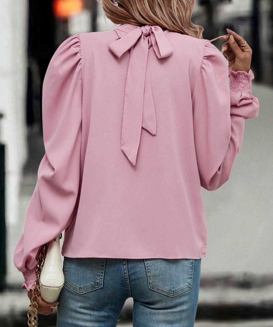 * Clothing | Hot Sale Camisa Pink Back Bow Puff-Sleeve Top Women