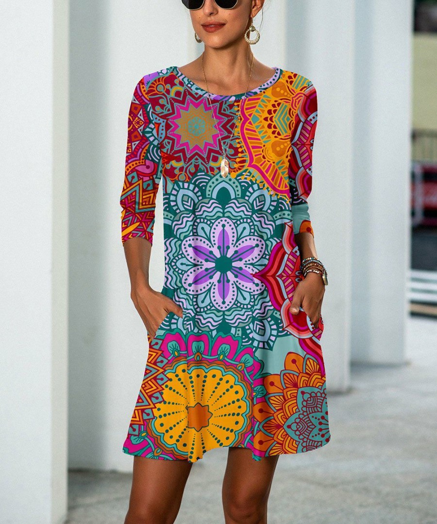 * Clothing | Top 10 Camisa Red & Orange Mandala Half-Sleeve Pocket Shift Dress Women