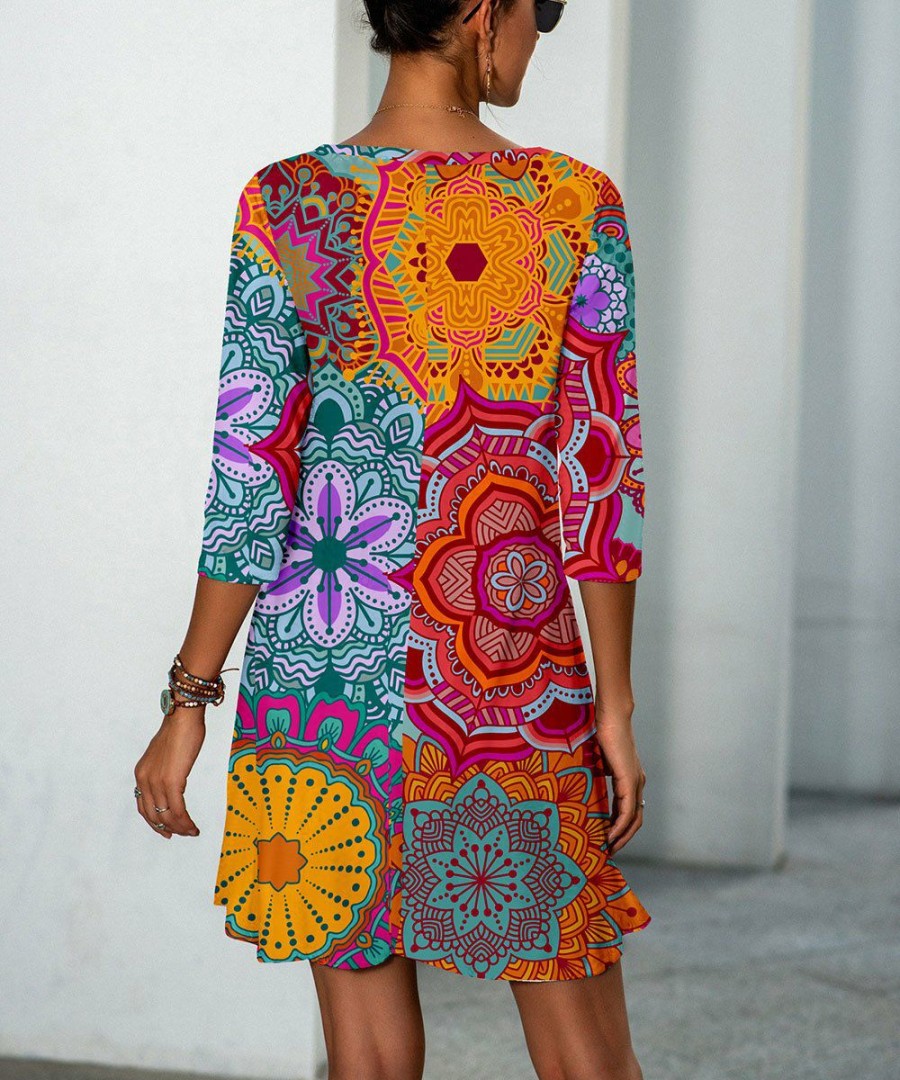 * Clothing | Top 10 Camisa Red & Orange Mandala Half-Sleeve Pocket Shift Dress Women