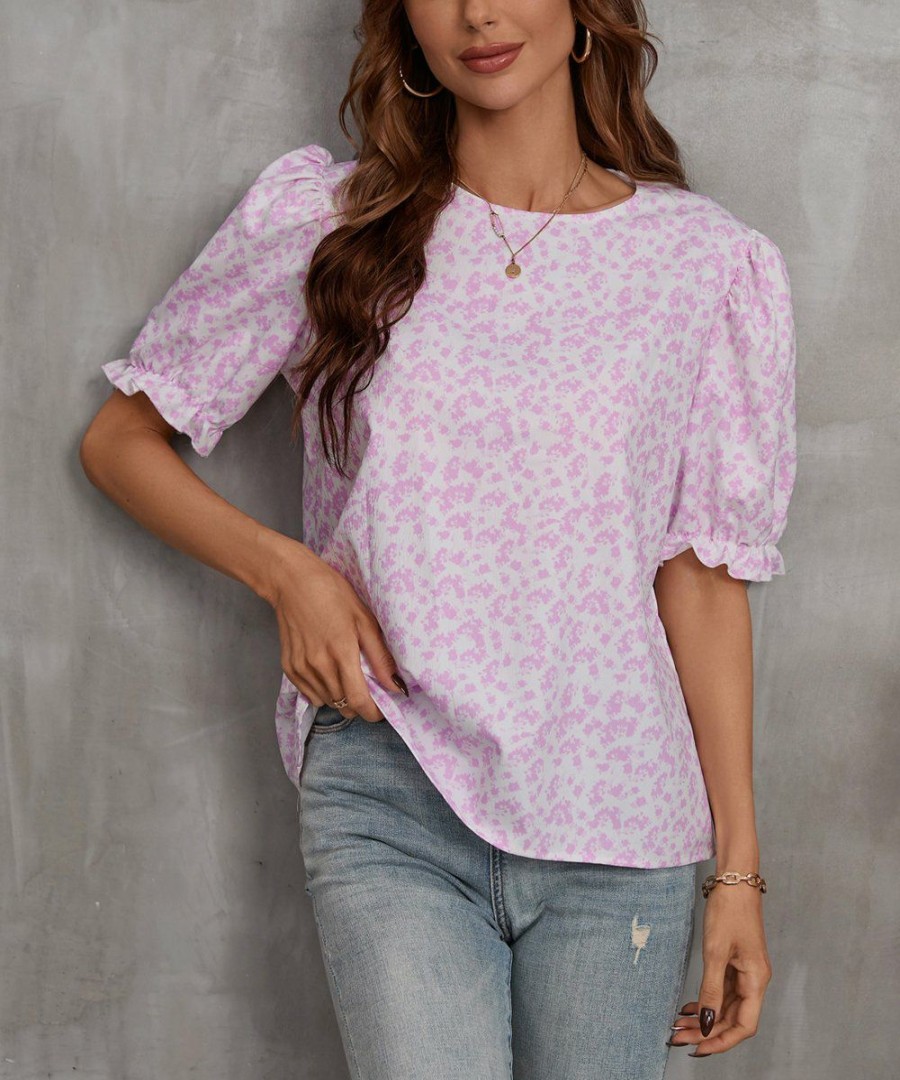 * Other | Top 10 Camisa Pink Floral Puff-Sleeve Top Women