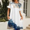 * Clothing | Best Pirce Camisa White & Blue Marble Ruffle-Sleeve Pocket Shift Dress Women