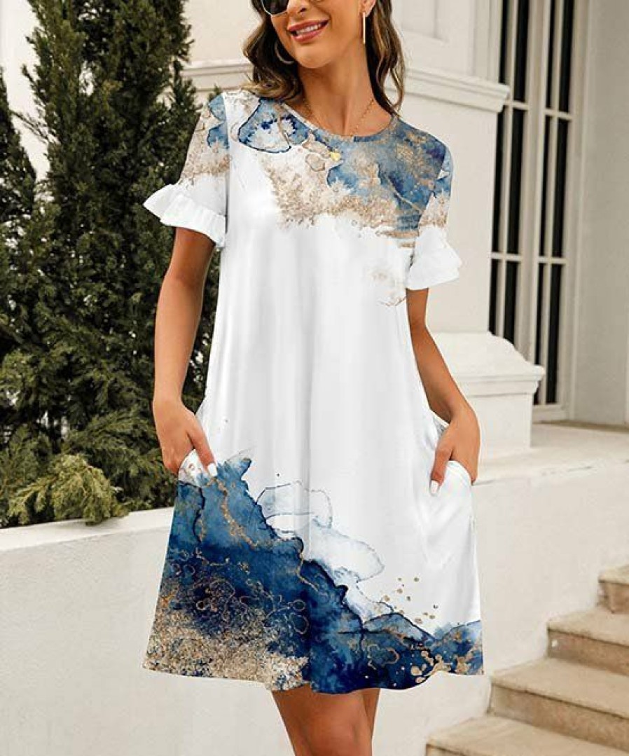 * Clothing | Best Pirce Camisa White & Blue Marble Ruffle-Sleeve Pocket Shift Dress Women