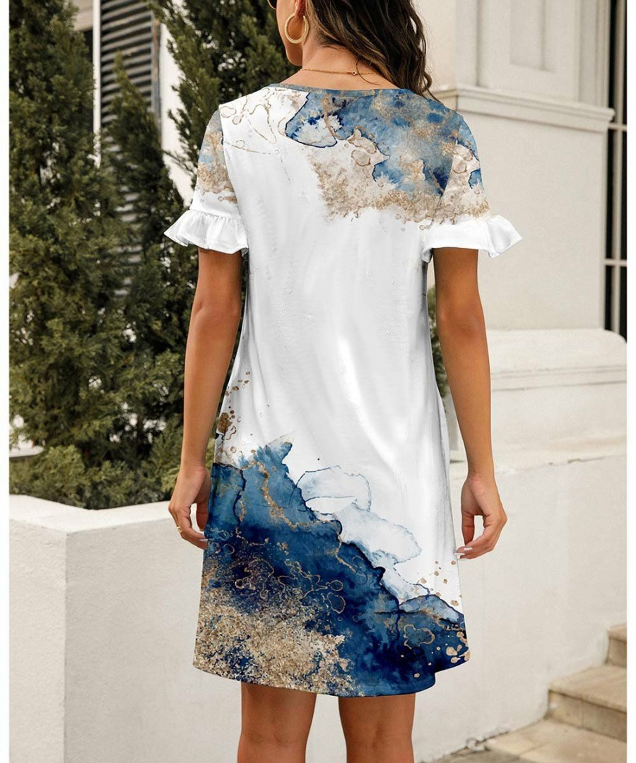 * Clothing | Best Pirce Camisa White & Blue Marble Ruffle-Sleeve Pocket Shift Dress Women