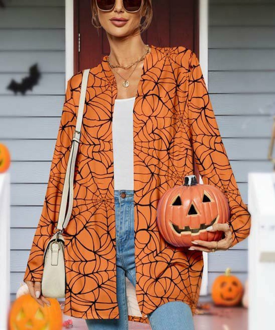 * Clothing | Best Sale Camisa Orange & Black Spiderweb Open Cardigan Women