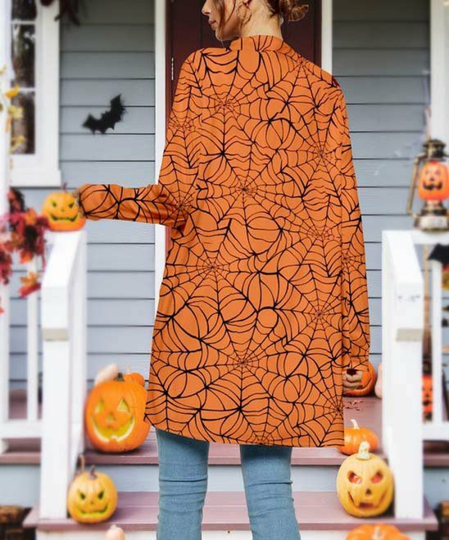 * Clothing | Best Sale Camisa Orange & Black Spiderweb Open Cardigan Women